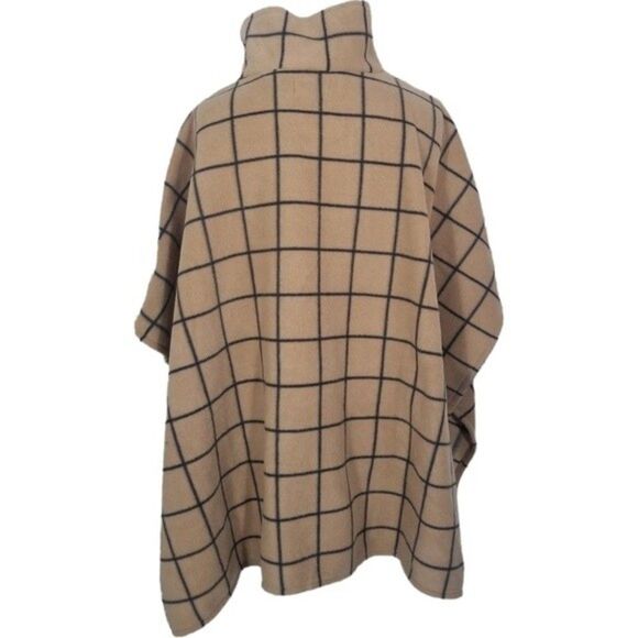 Le Moda  OSFM Cozy 4 Button Tan & Black Windowpane Fleece Poncho/Cape OSFM - Picture 4 of 6
